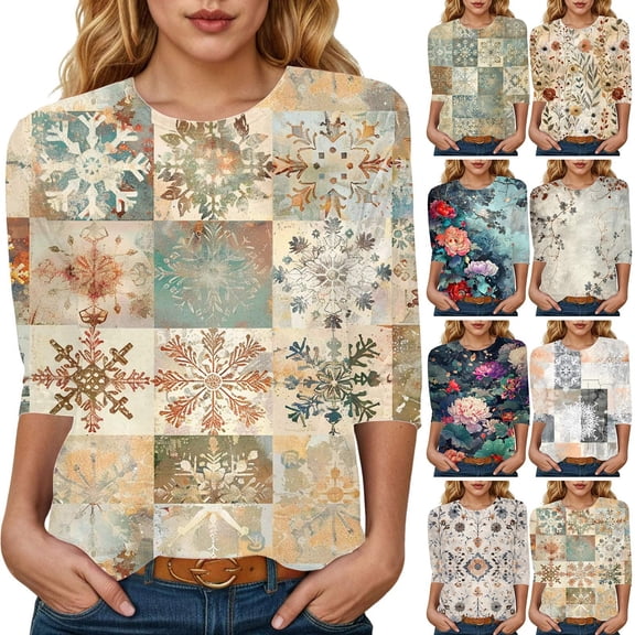 Towmus Womens 3/4 Length Sleeve Cotton Tops Casual Floral Print Round Neck Summer Tops Loose Fit Elastic and Lightweight Blouse for Women