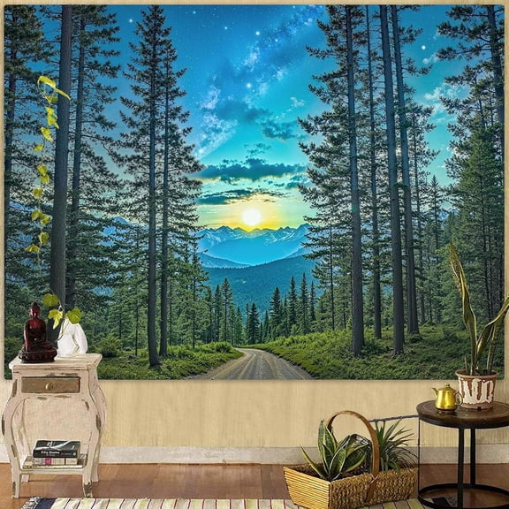 Forest Road Tapestry Green Nature Pine Tree Wall Tapestry for Bedroom Aesthetic Starry Mountain Outdoor Landscape Small Tapestries Wall Hanging for Dorm Living Room Decor 30 x 40 Inch