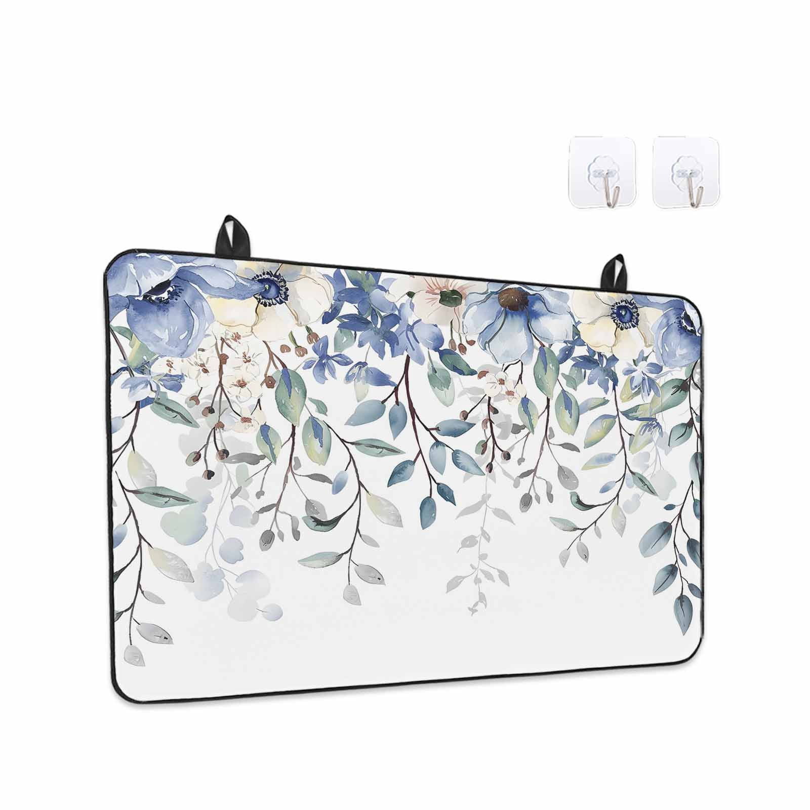 Blue Eucalyptus Stove Top Cover for Electric Stove, Heat-proof & Non Slip Glass Top Stove Cover Protector, Farmhouse Flowers Leaf White Watercolor Kitchen Flat Cooktop Rubber Mat 36x21 Inches