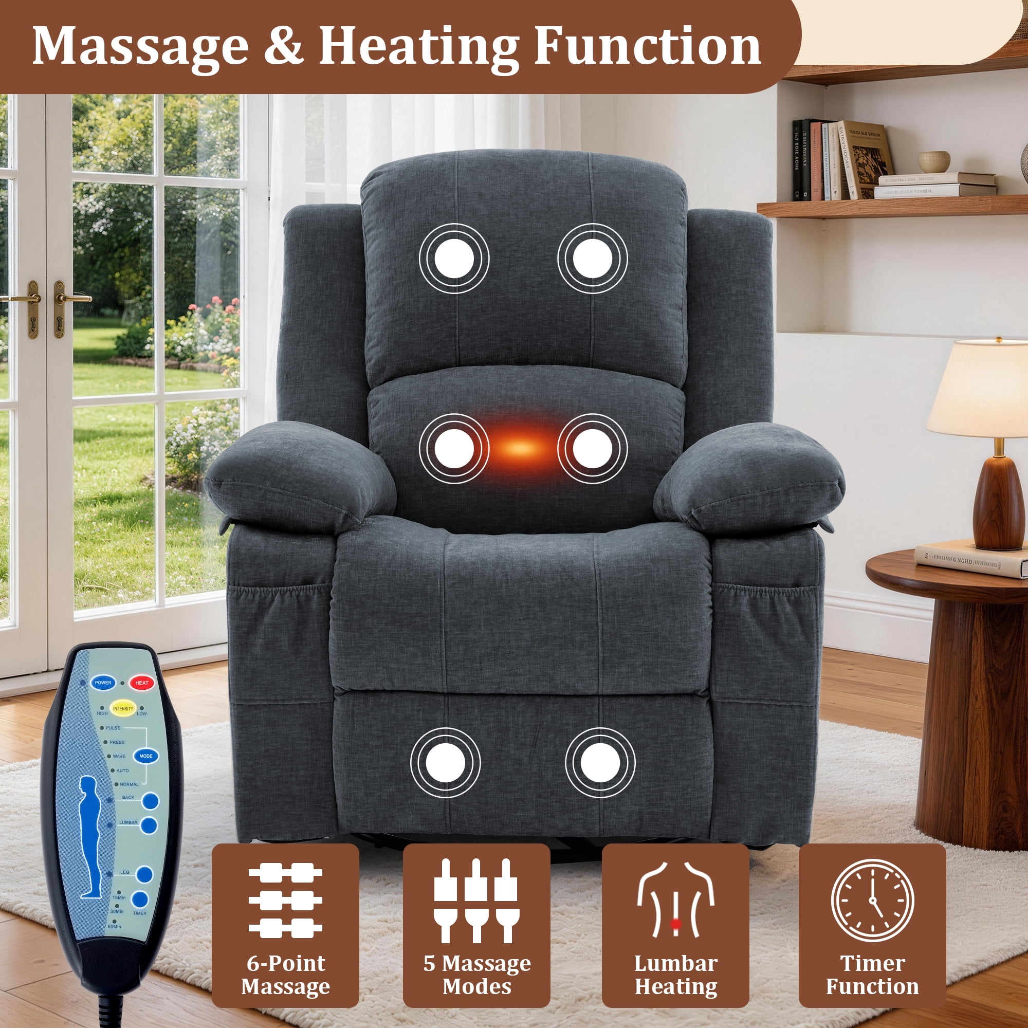 GEEYOO Swivel Rocker Recliner Chair with Massage and Heat Glider Recliner for Adults with Side Pockets Chenille for Living Room,Dark Grey