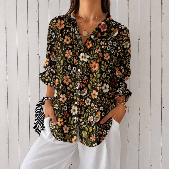 Nyfairy Plus Size Women's Floral Embossed Print Long Sleeve Button Down Casual Shirt
