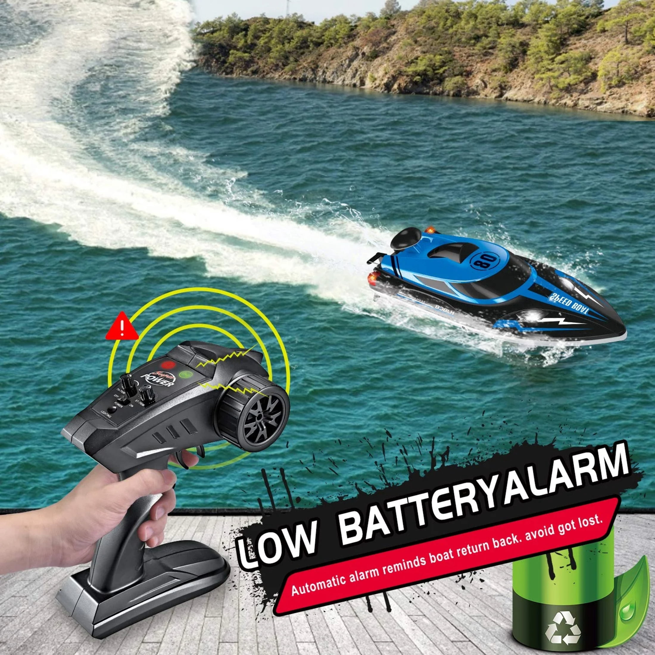 High-Speed RC Boat, Funtogether Toys, HJ808 18MPH with Dual Batteries, 2.4GHz Racing Toy for Pools & Lakes