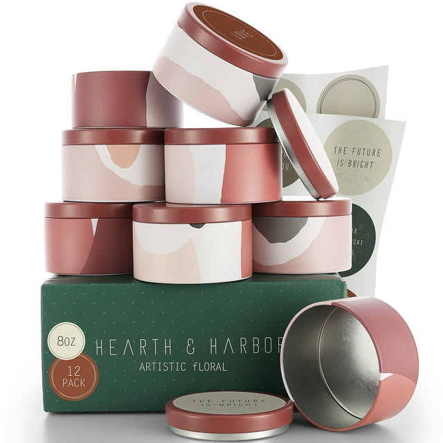 Hearth & Harbor Tin Candle Jars for Making Candles - 8 Oz, 12 PCs DIY Candle Containers with Lids - Metal Candle Jars - Bulk Tins Storage for Candle - Artistic Floral