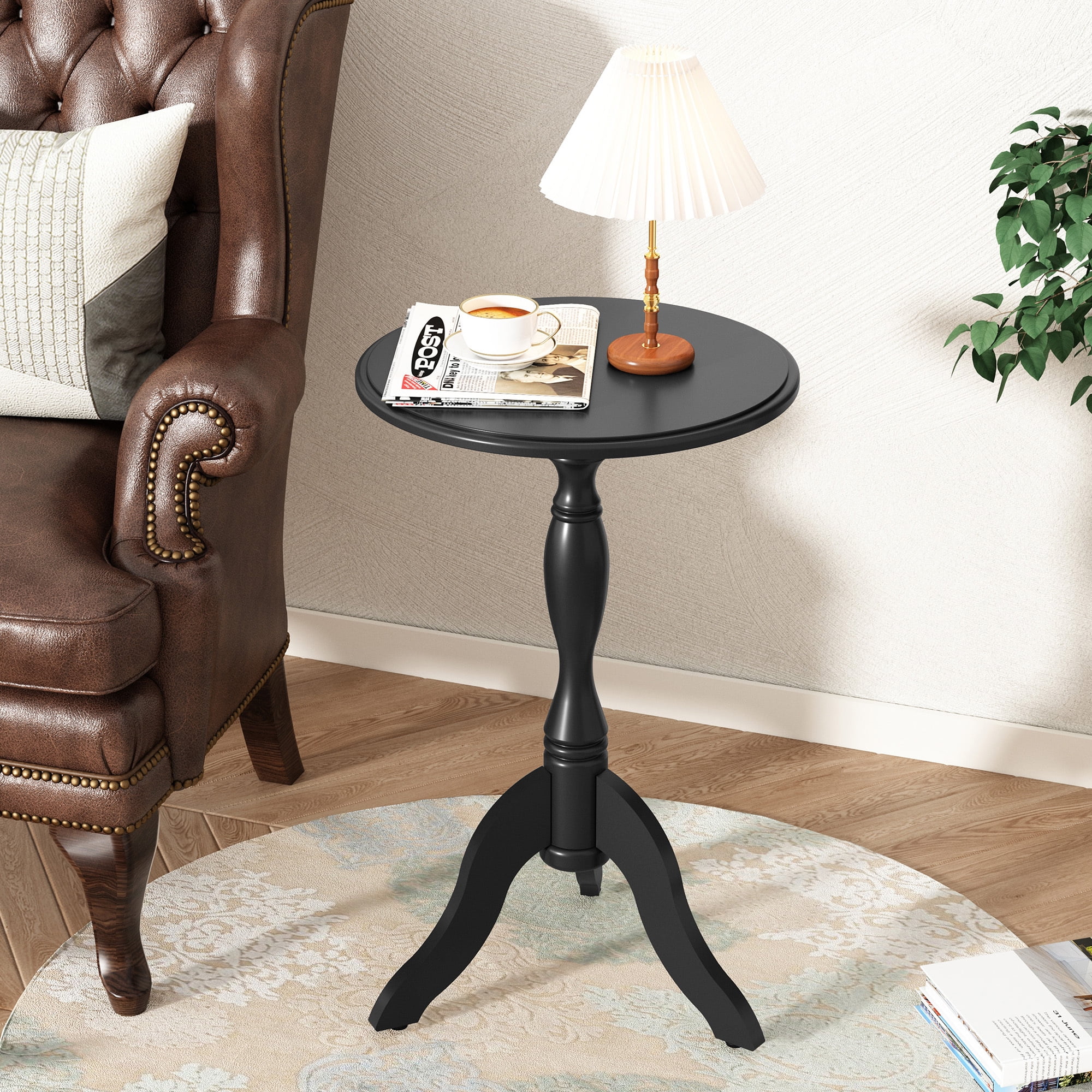 HLR Round Small End Table Wooden Side Table Pedestal Side Table,Vintage Accent Tables Nightstand, Black