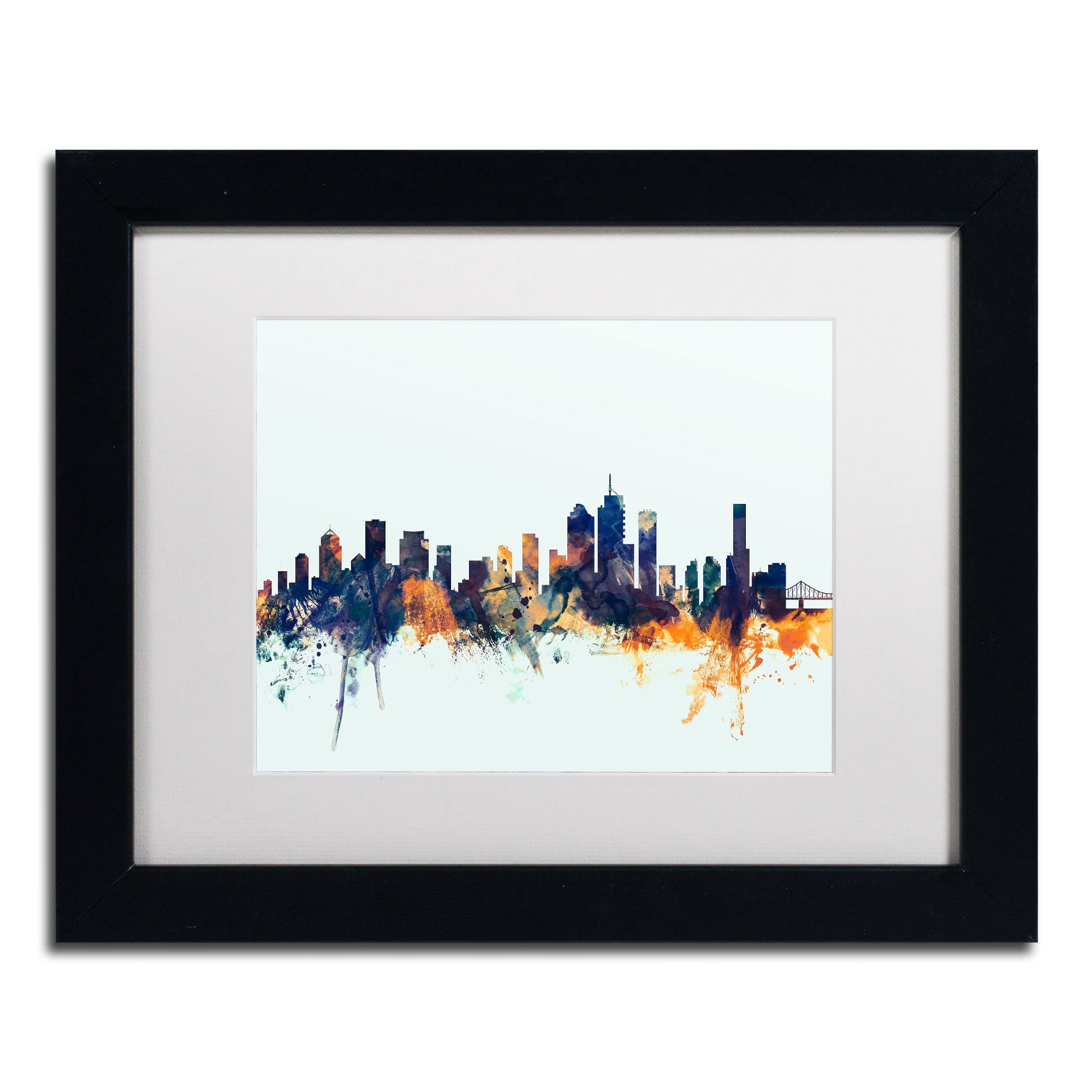 Trademark Fine Art "Brisbane Skyline Blue" Canvas Art by Michael Tompsett, White Matte, Black Frame
