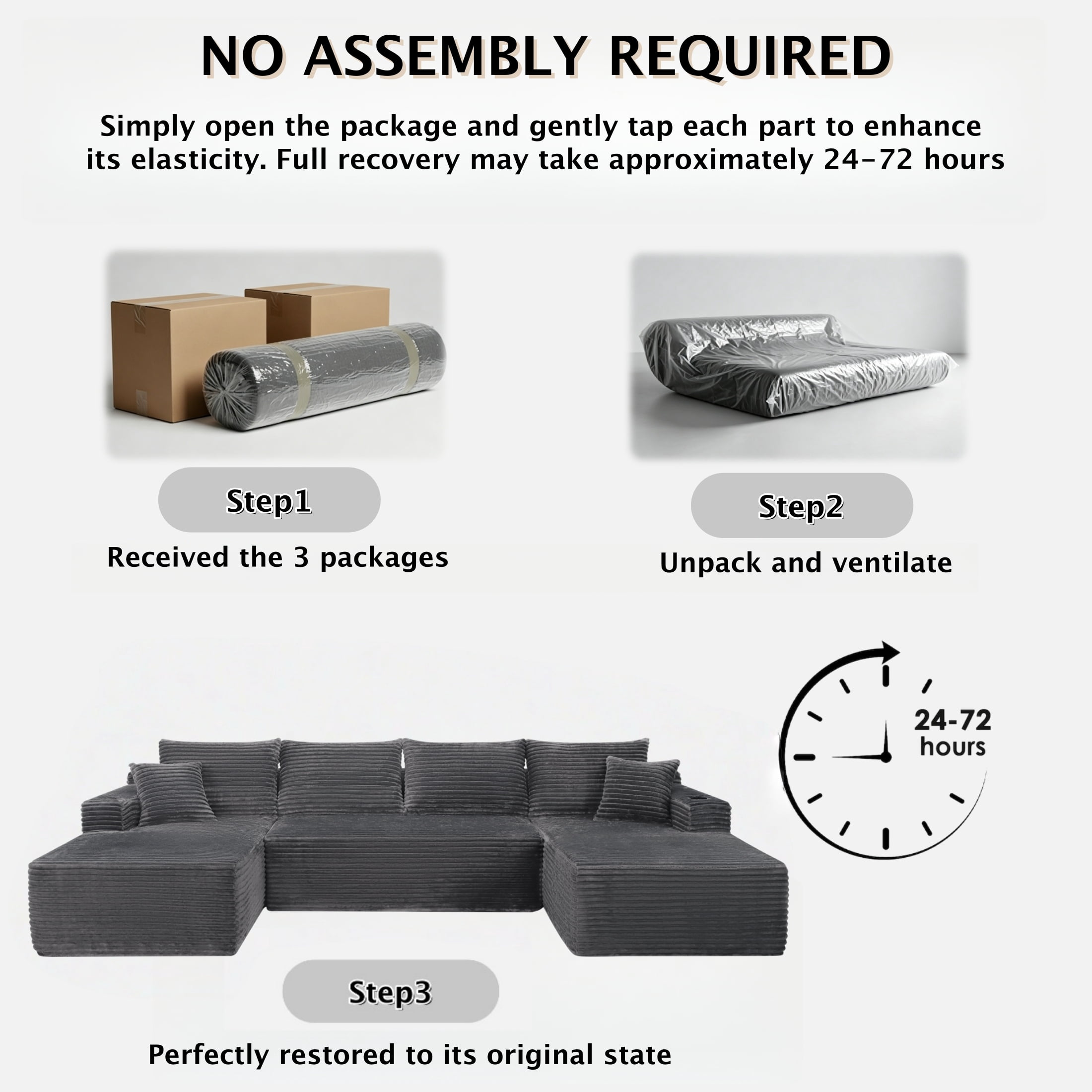 ShiKeyi 134" Modular U-Shaped Cloud Sofa, 5-Seater Corduroy Sectional Couch with Deep Seats Double Chaise & Soft Boneless Design, Gray