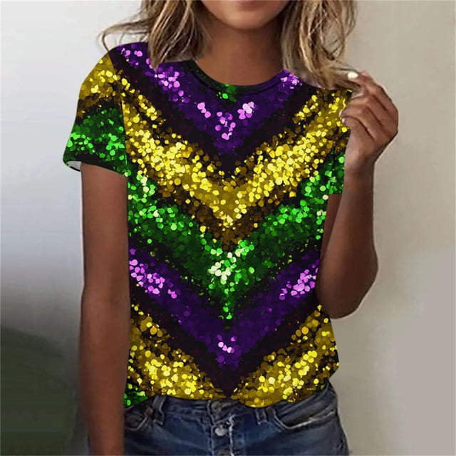 RKSTN Women's Oversized Mardi Gras T Shirts Crewneck Funny Carnival Graphic Printed Short Sleeve Shirts Tops Womens Casual Summer Plus Size Round Neck Loose Fits Comfy Holiday Tee Shirts