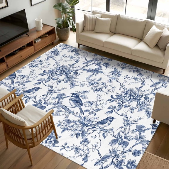 8x10 Area Rugs Blue Botanical Non-Skid Rubber Backing Large Rectangle Rugs - Living Room Bedroom Home Office, Vintage Botanical Birds Indoor Floor Mat Carpets Washable Rug