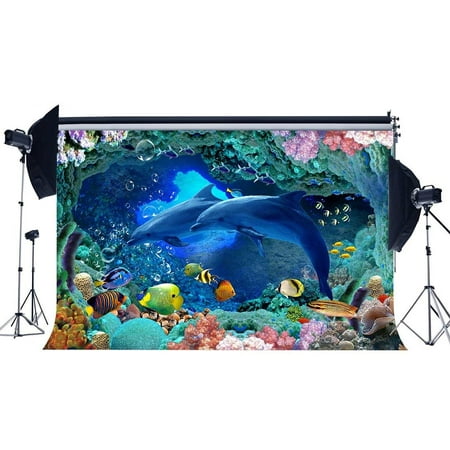 Image of ABPHOTO Polyester 7x5ft 3D Underwater World Backdrop Aquarium Backdrops Fish Coral Dolphin Tropical Photography Background for Kids Baby Summer Journey Ocean Sailing Portrait Photo Studio Props