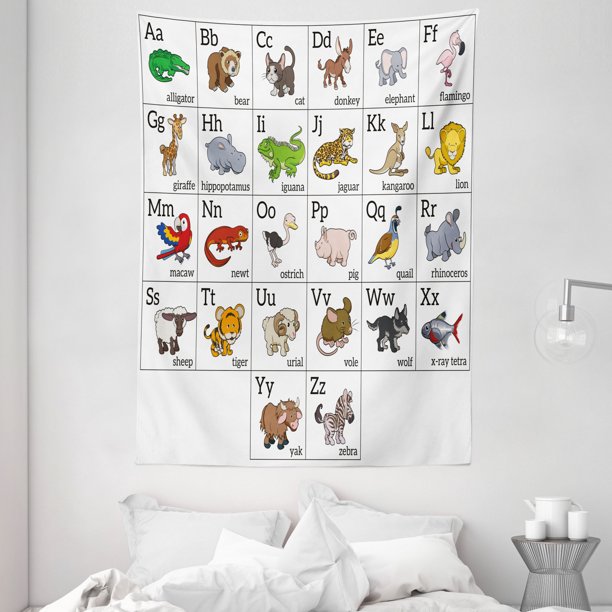 Educational Tapestry Alphabet Learning Chart With Cartoon Animals Names Letters Upper And Lowercase Wall Hanging For Bedroom Living Room Dorm Decor 60w X 80l Inches Multicolor By Ambesonne Walmart Com Walmart Com