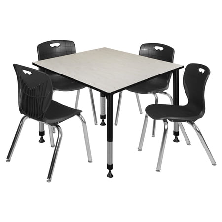 Kee 48  Square Height Adjustable Classroom Table - Maple & 4 Andy 18-in Stack Chairs- Black