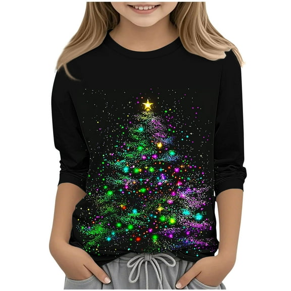 Boys Girls Tween Christmas T-shirt Christmas Tree Print 3/4 Sleeve Crewneck Shirt Casual Base Top for Holiday Celebrations