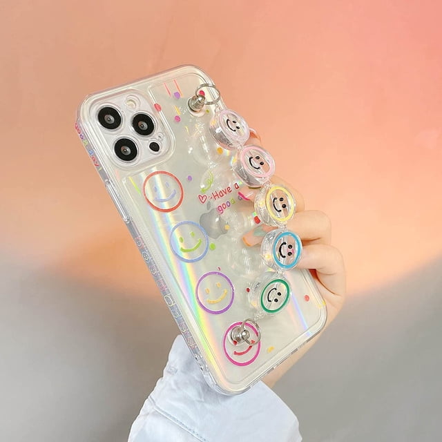 Funda transparente para teléfono con diseño de dibujos animados, compatible con iPhone 13 Pro Max con cadena, funda protectora de cristal Pretty Kawaii Smile para iPhone 13 Pro Max de 6,7 pulgadas Rojo Verde