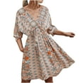 thumbnail image 1 of Mini vestido con estampado de manga corta y cuello en V bohemio a la moda para mujer Fridja  bnh4170, 1 of 9