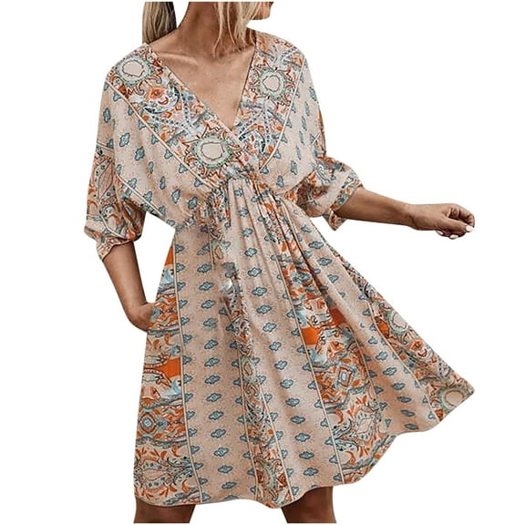 Fesfesfes Women's Bohemian V-Neck Loose Short Sleeve Print Mini Dress