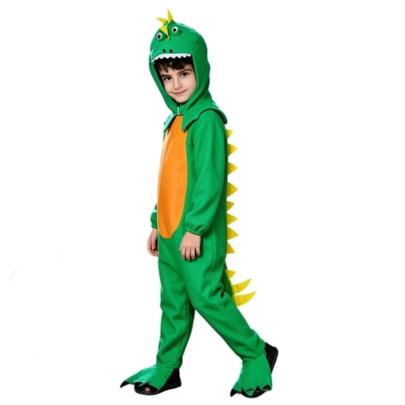 Krdevn Boys 3D Dinosaur Cosplay Jumpsuit, Hooded Funny Dino Costume for Halloween RoleβPlay DressβUp,7-9 Years