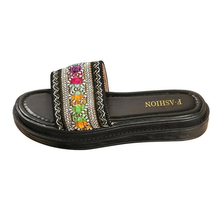 OJSFQUFP Sandals Womens Ladies Fashion Ethnic Style Woven Print Open Toe Flat Bottom Beach Sandals Soft Sole Outdoor Beach Shoes Slipper Shoes Black 38