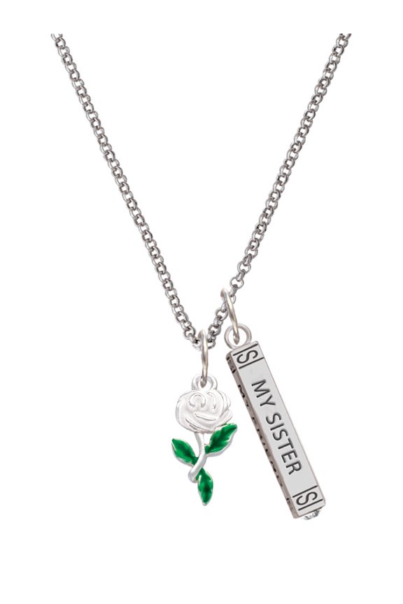 White Flower Silvertone Always My Sister Bar Charm Necklace, 23"