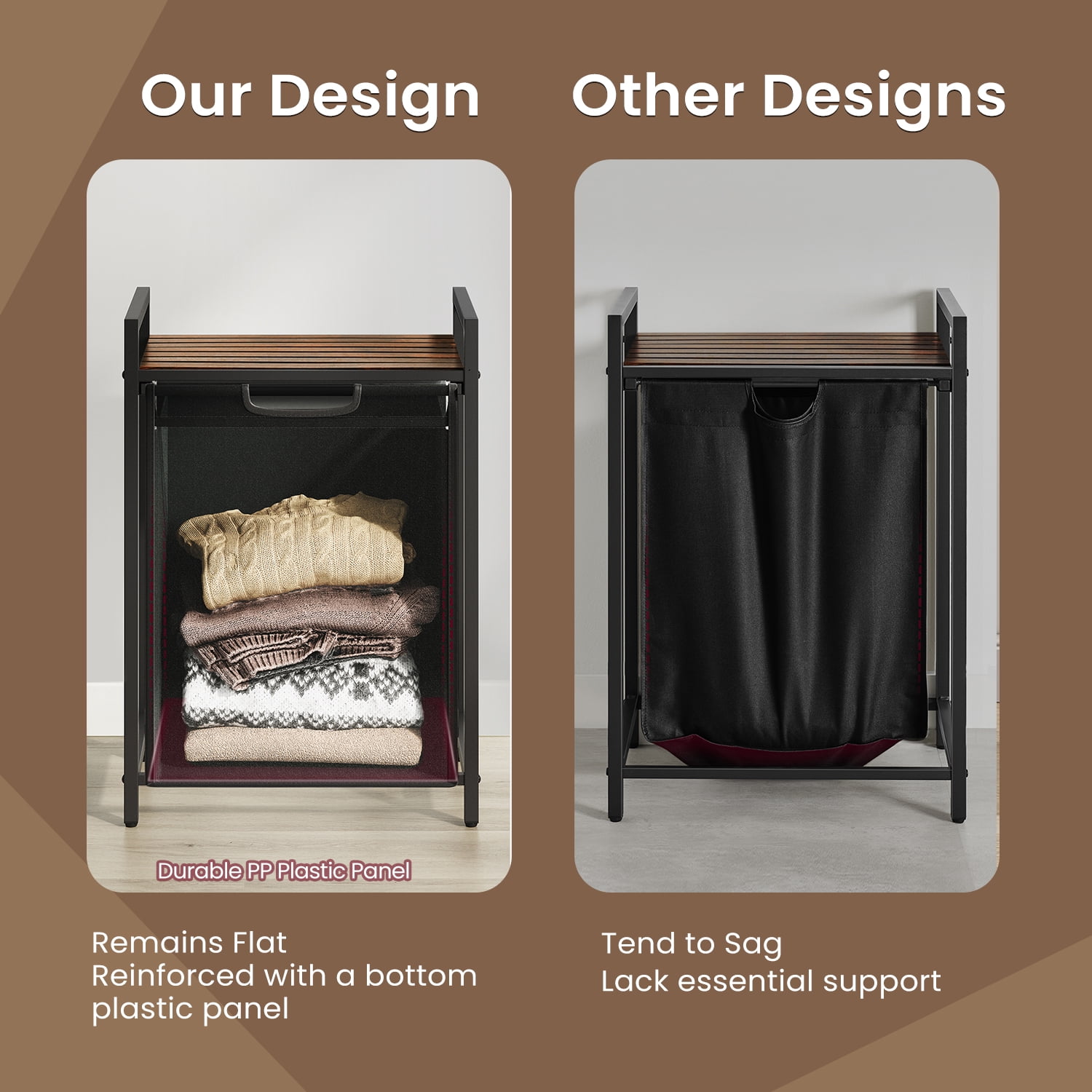 LEDREM Space-Saving Laundry Hamper with Shelf & Removable Bags, 17.2 Gallon Capacity, Metal Frame, for Small Spaces, Black and Rustic Brown