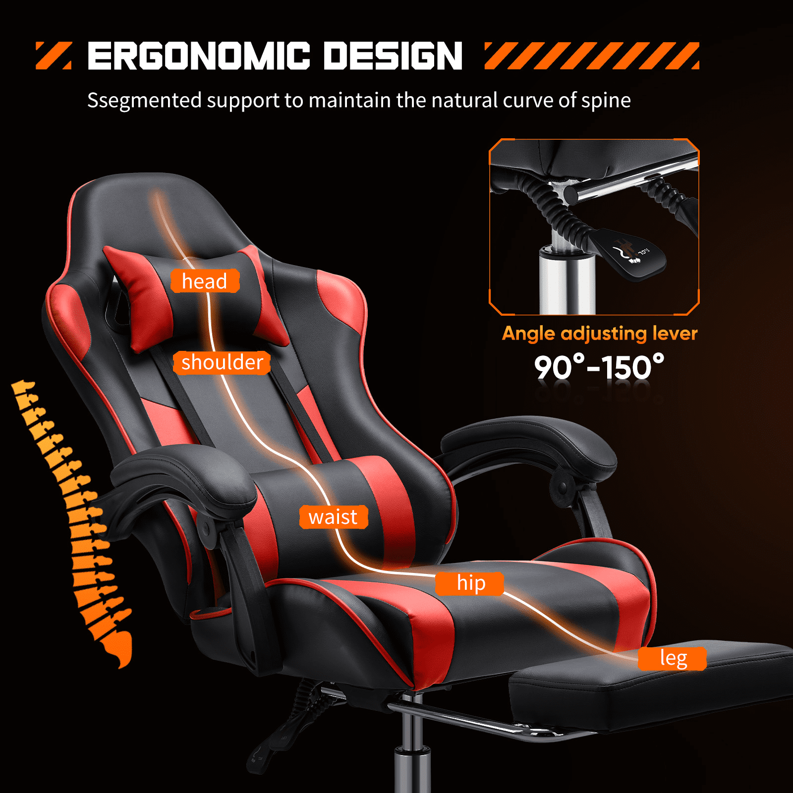 MAYEERTY Video Game Desk Chair - Ergonomic Computer with Footrest and Comfy Lumbar Support, PU Leather Recliner with Headrest, Fixed Up Armrest,