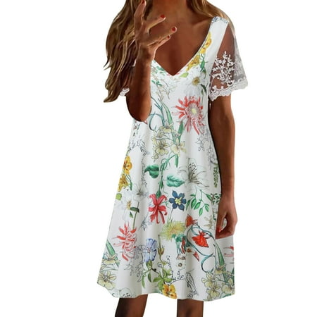 

gvdentm Long Sleeve Body Dress Women Casual V Neck Summer Floral Printed Short Sleeve Dress Beach Maternity Midi Dress