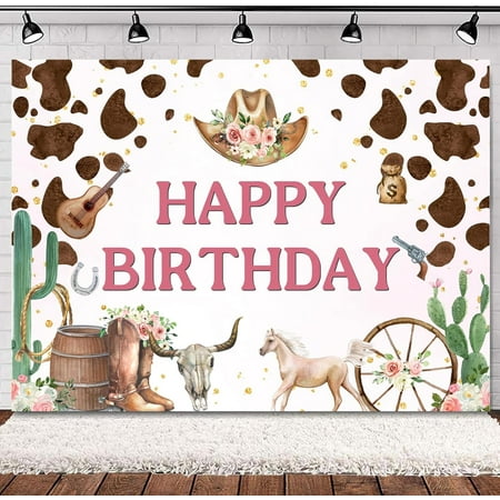 Western Cowgirl Birthday Backdrop Wild West Rodeo Brown White Cow Print Cactus Floral Boots Hat Horse Rustic Wooden Country Decorations Photography Background Banner Photo Booth Studio