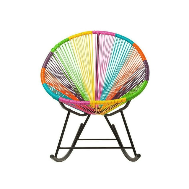 Costa Rocker Lounge Chair featuring a multicolour plastic hammock weave on a black metal rocking frame, suitable for indoor and outdoor use.