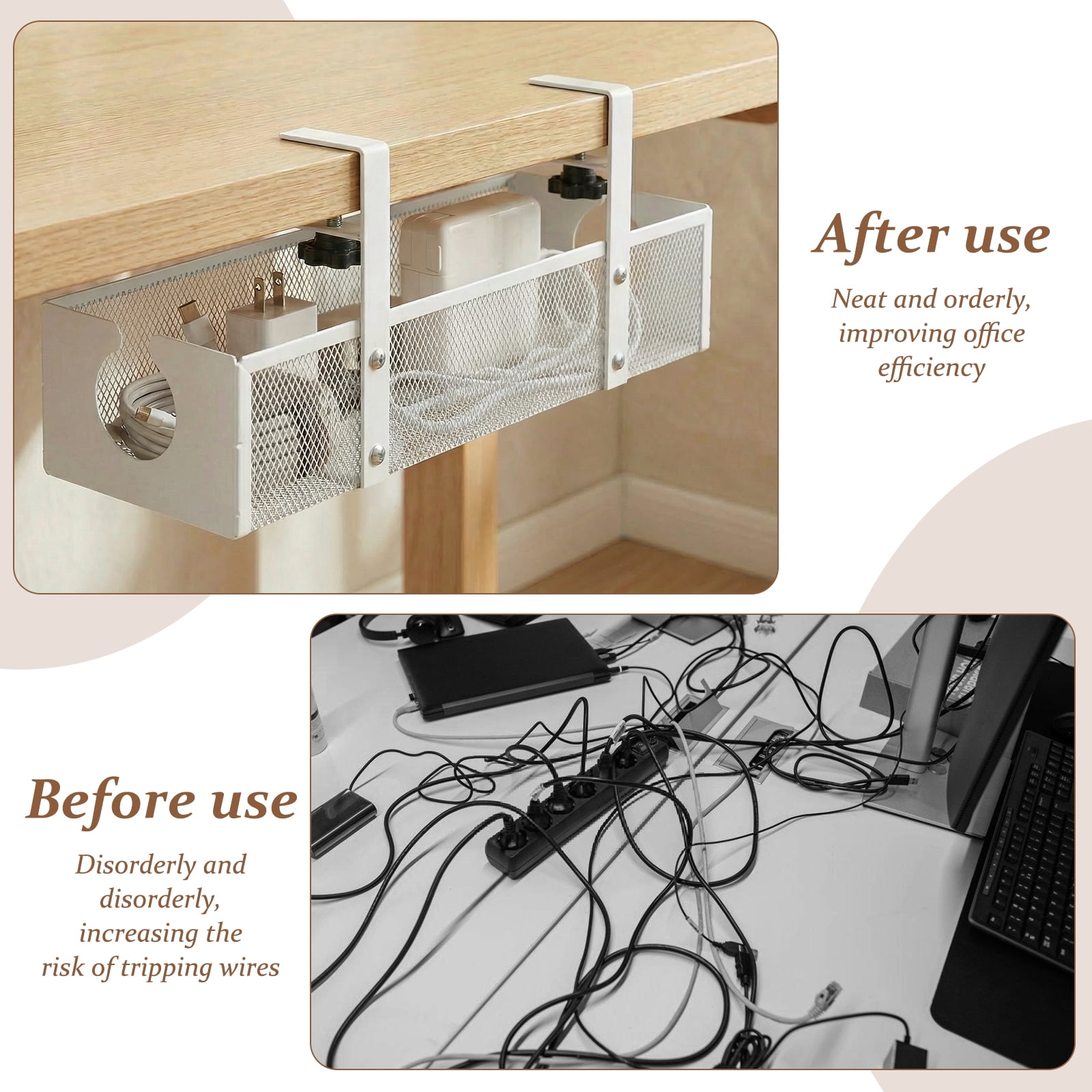 Austok Under Desk Cable Management 13.39" Cable Management Box for Table Thickness up to 1.97" Wire Cord Organizer with Clamp No Drill