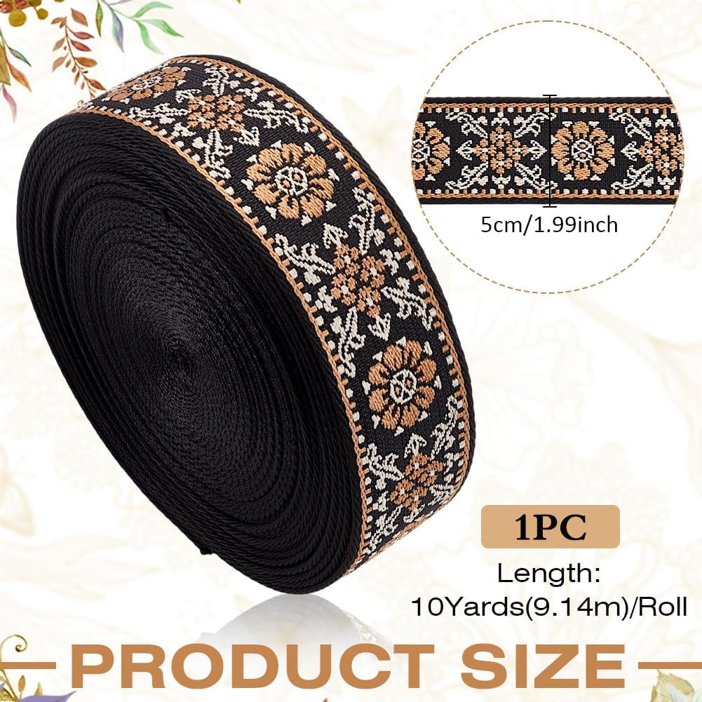 10Yards Vintage Jacquard Webbing Trim 2inch Embroidered Ribbon Boho Lace Trim Ethnic Floral Woven Trim for DIY Clothing Accessories Sewing Crafting Home Decor Khaki 1roll