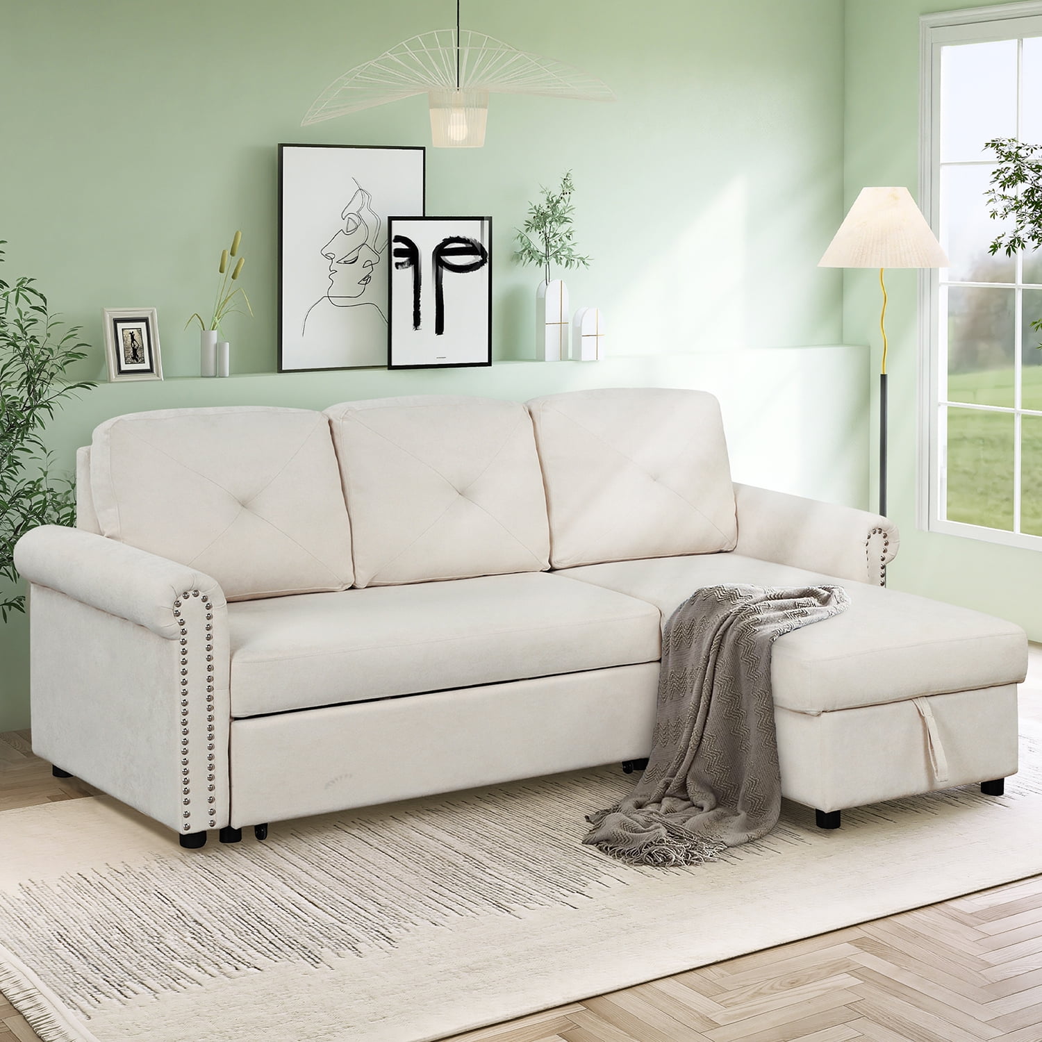 Kadyn 83" Mid-century Velvet Convertible Sectional Sofa Bed, 3-Seater L-shape Corner Futon Sofa with Storage Chaise, Modern Sleeper Sofa Bed for Apartment, Beige