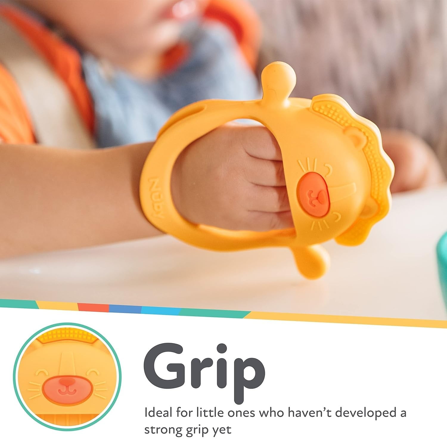 Nuby Mini Wrist Grip Silicone Teething Mitten for Babies, Lion