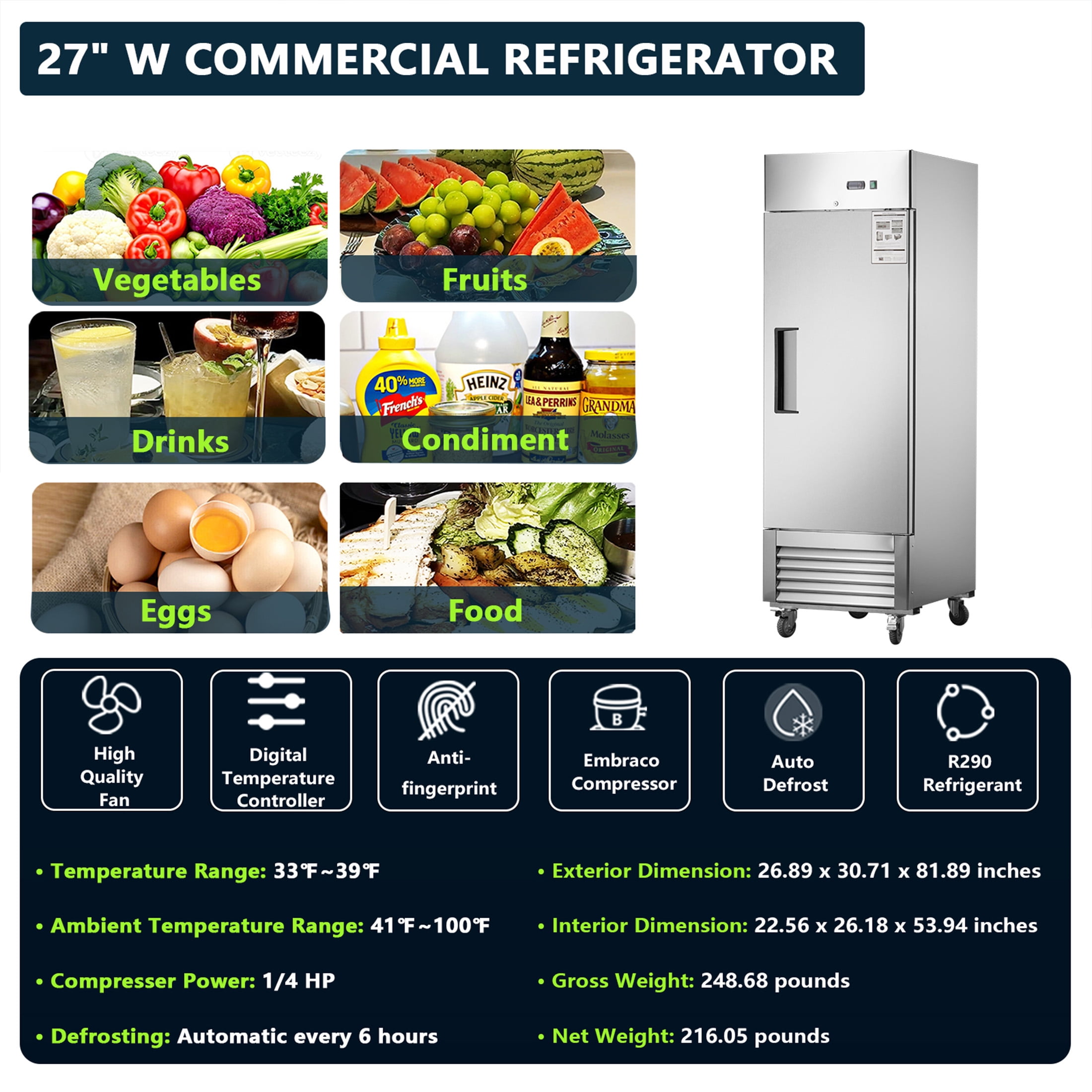 27" W Commercial Refrigerator, Commercial Refrigerator Freezer Combo with 3 Adjustable Shelves, 33 ℉ ~39 ℉   Adjustable Temperature, 18.68 Cu.ft Capacity, for Restuarant Kitchen Shop