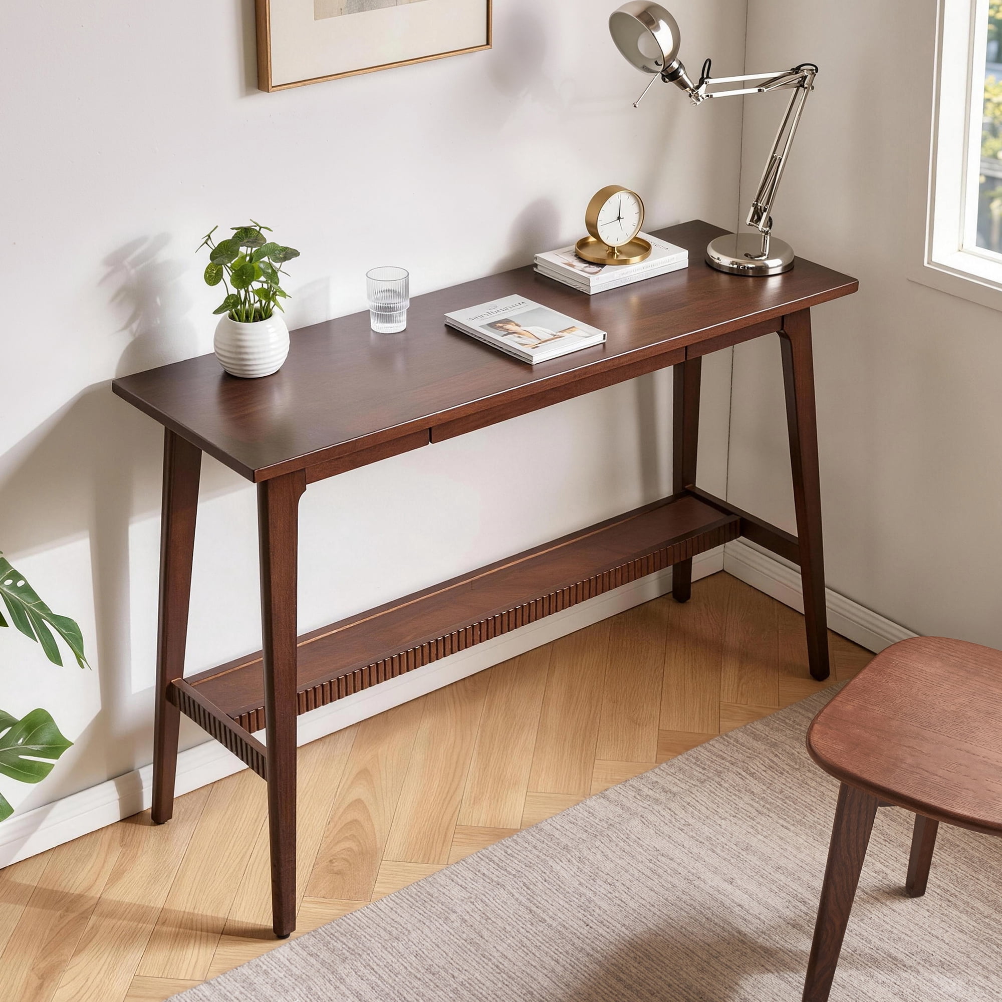 Solid Rubber Wood Desk with Drawer and Storage Shelf, 47.24 in Walnut
