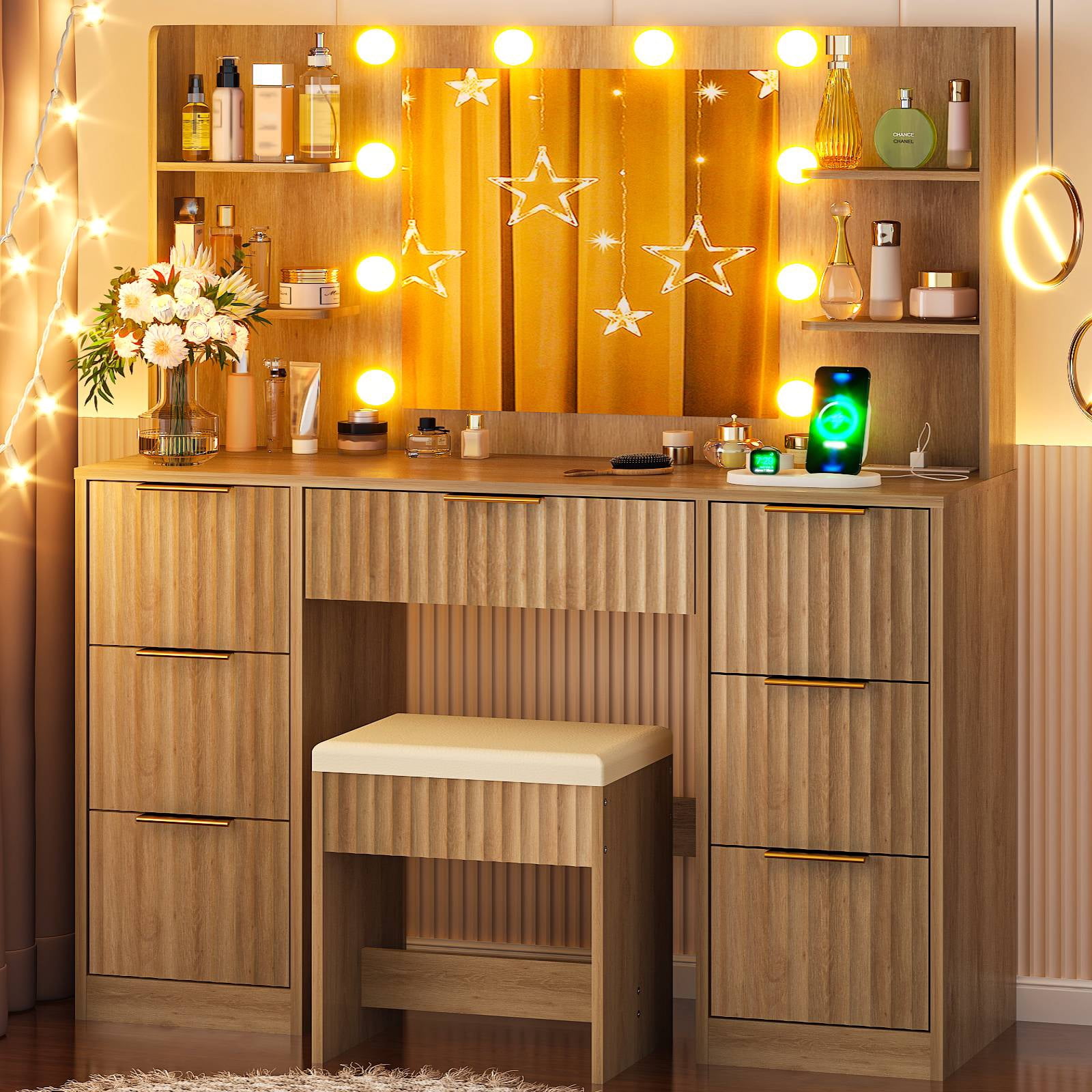 Ktaxon Makeup Vanity Set with 3 Color Lighted Mirror & Charging Station, Dressing Table w/ 7 Drawers for Femal Gift, Wood Color