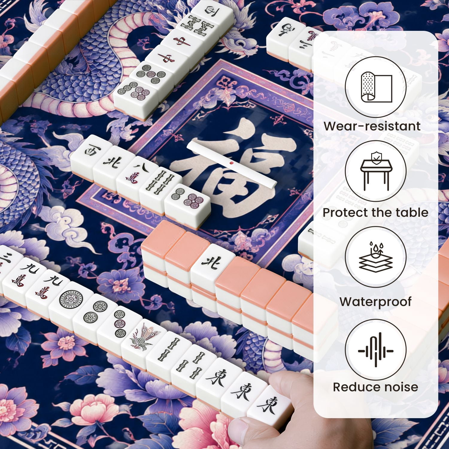 Mahjong Mat 31.5" x 31.5" Oriental Blue Pink Dragon Peonies Chinese Fortune Symbol Non-Slip Noise Reduction Mahjong Tiles Table Cover for Dominoes Poker Card Board and Tile Games