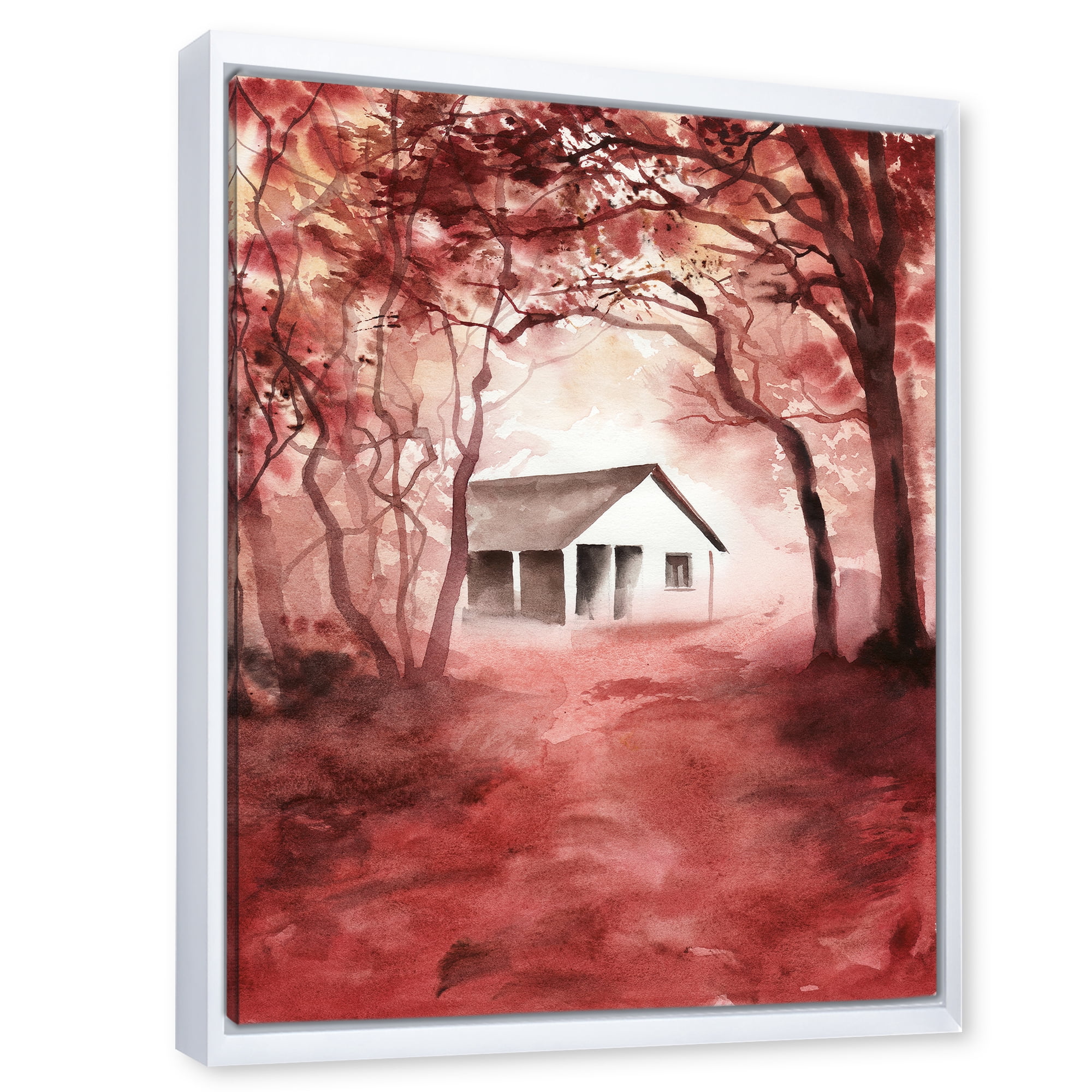 Designart 'Red Autumn Woods and A House in Wild' Cabin & Lodge Framed Canvas Wall Art Print