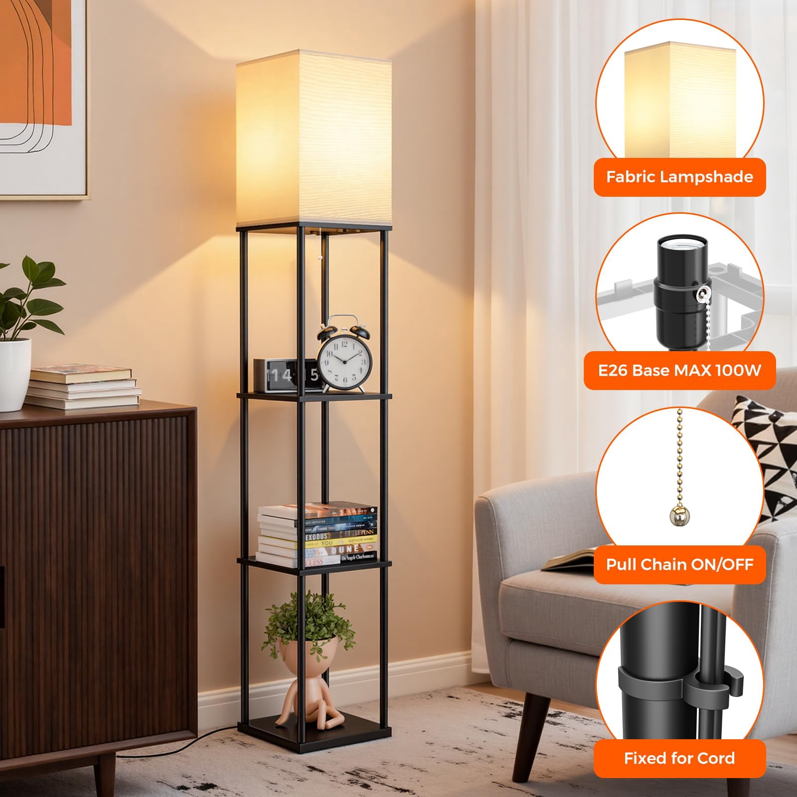 Black Square 3-tier Shelf Floor Lamp For Living Room Bedroom Corner