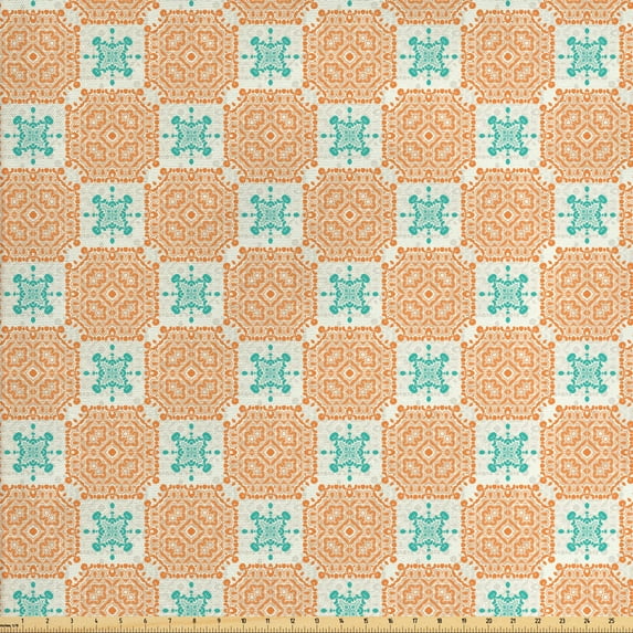 Oriental Upholstery Fabric by the Yard, Fantasy Squares and Motifs Repetition, Decorative Fabric for DIY and Home Accents, Orange Dark Seafoam by Ambesonne