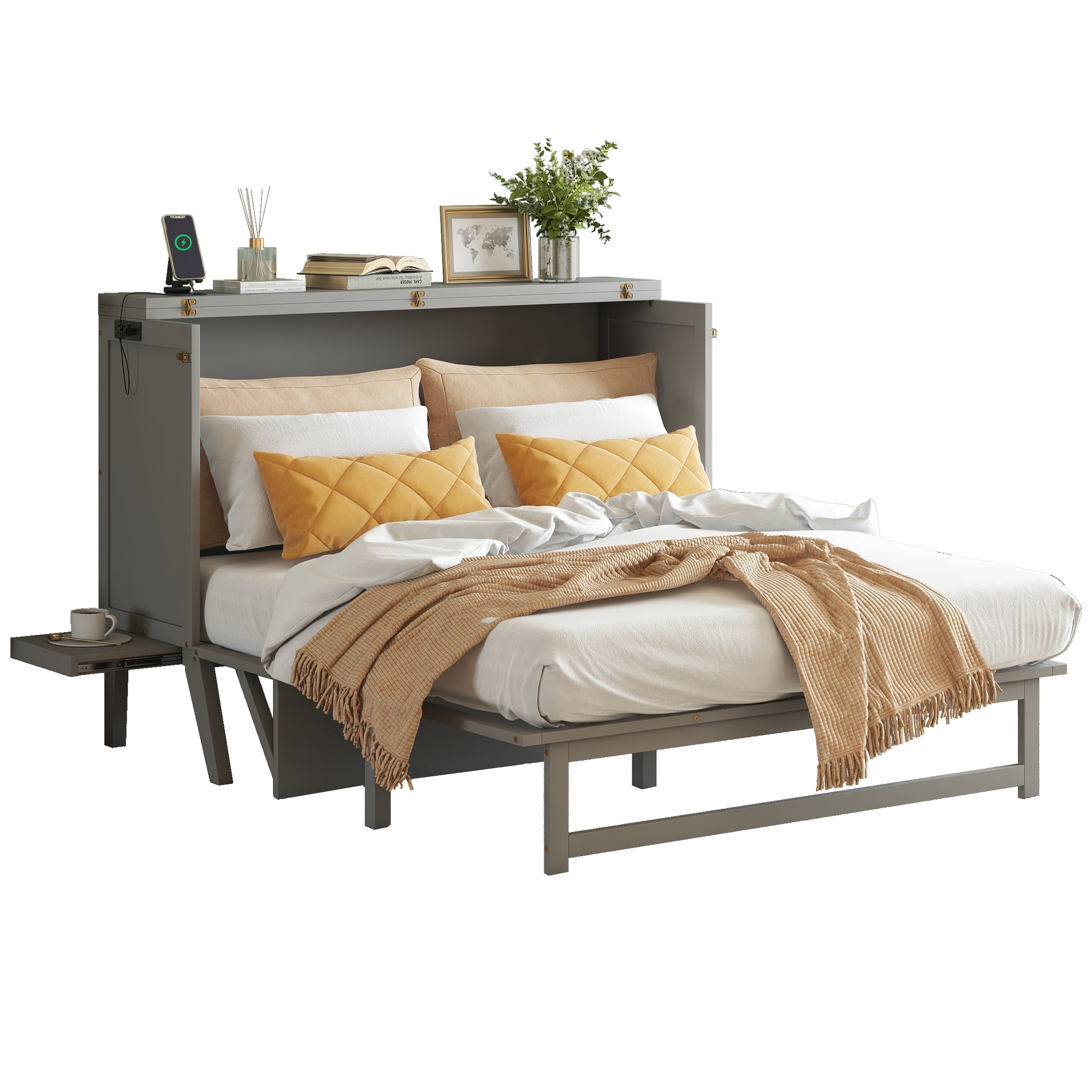 Sailvan Queen Size Murphy Bed with USB Port Shelves on Each Side, Solid Pine Murphy Cabinet Bed