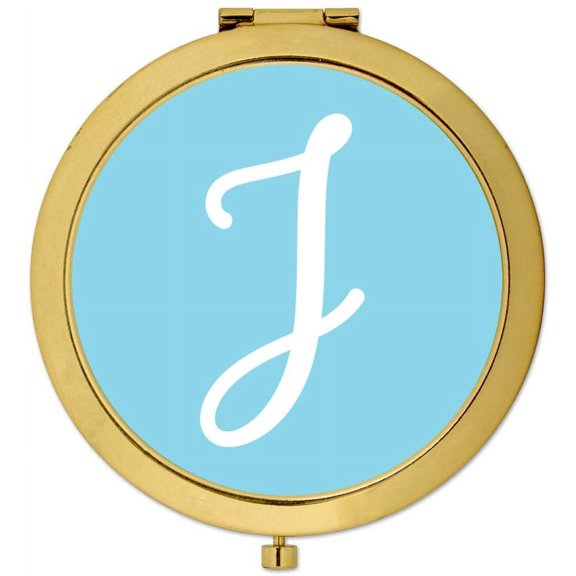 Koyal Wholesale Gold Compact Mirror Bridesmaid's Wedding Gift, Baby Blue, Monogram Letter J, 1-Pack