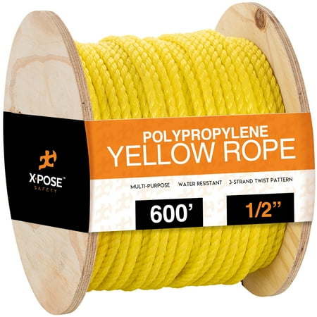 

600 ft Twisted Polypropylene Rope - 1/2 - Yellow Floating Poly Pro Cord - Resistant to Oil Moisture Rot Mold Marine Growth and Chemicals - Reduced Slip Easy Knot Flexible - by Xpose Safety