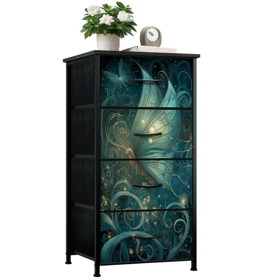 Dresser for Bedroom with 4 Storage Drawers Butterfly Mist Iridescent Glow Poster Dressers Chest of Drawers Steel Framed Fabric Closet Organizers for Entryway