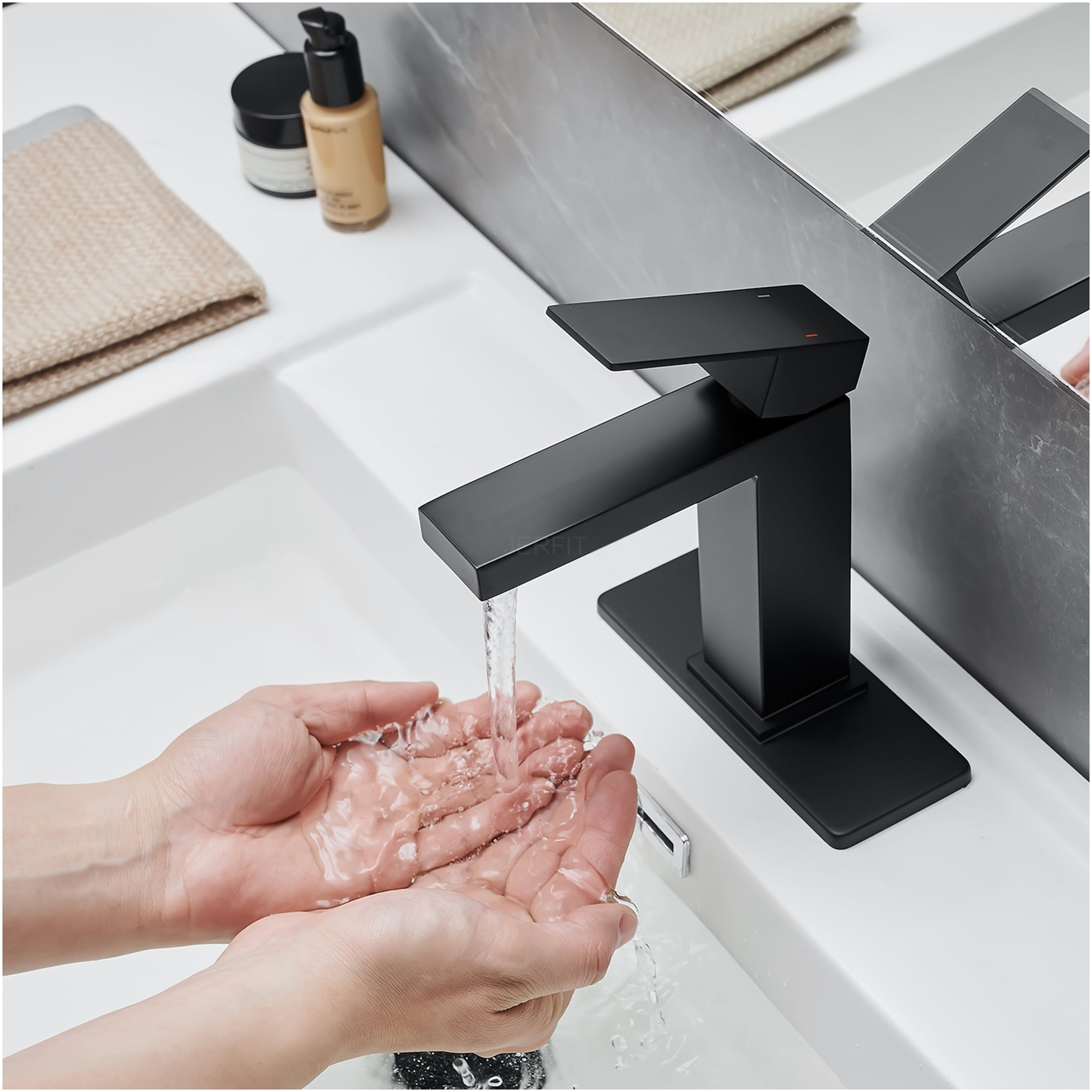 JERFIT Modern Black Waterfall Bathroom Sink Faucet with Pop-Up Drain, Single Hole 1-Handle Vanity Mixer Tap, Brushed Nickel & Brass Construction