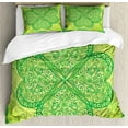 thumbnail image 1 of Irish Duvet Cover Set Queen Size, Traditional Heart Motifs in Green Tones Monochrome Illustration Swirls, Decorative 3 Piece Bedding Set with 2 Pillow Shams, Green Pale Avocado Green, by Ambesonne, 1 of 3