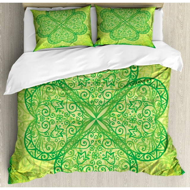 Irish Duvet Cover Set King Size, Traditional Heart Motifs in Green