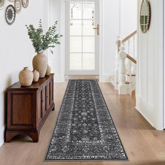 2x6 Runner Rug Washable Non Slip Low Pile Distressed Floral Hallway Runner for Kitchen Entryway Black