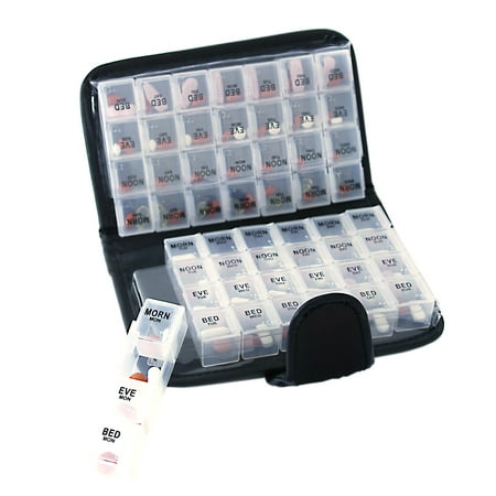 Black Pill Case Box, Pill Organizer 14 day Pill Holder Travel Pill Container and Medication Organizer, Travel Case - 4 Marked Compartments for each Day of the Week - Morn, Noon, Eve,