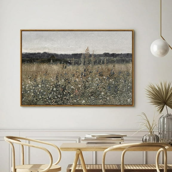Framed Canvas Wall Art, Landscape with Flowers, Modern Farmhouse Decor, 24x36