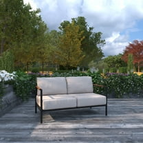 Merrick Lane Outdoor Loveseat with Removable Beige Fabric Cushions and Black Teak Accented Aluminum Frame