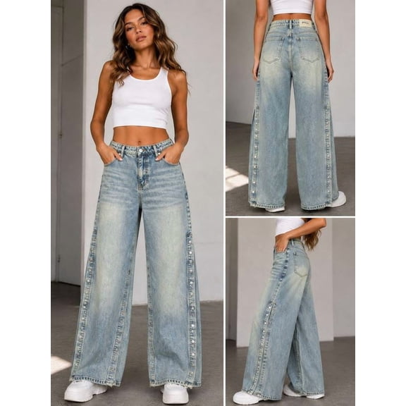 PTCL Women’s Light Wash Wide Leg Jeans Snap Button Side Legs High Rise Denim